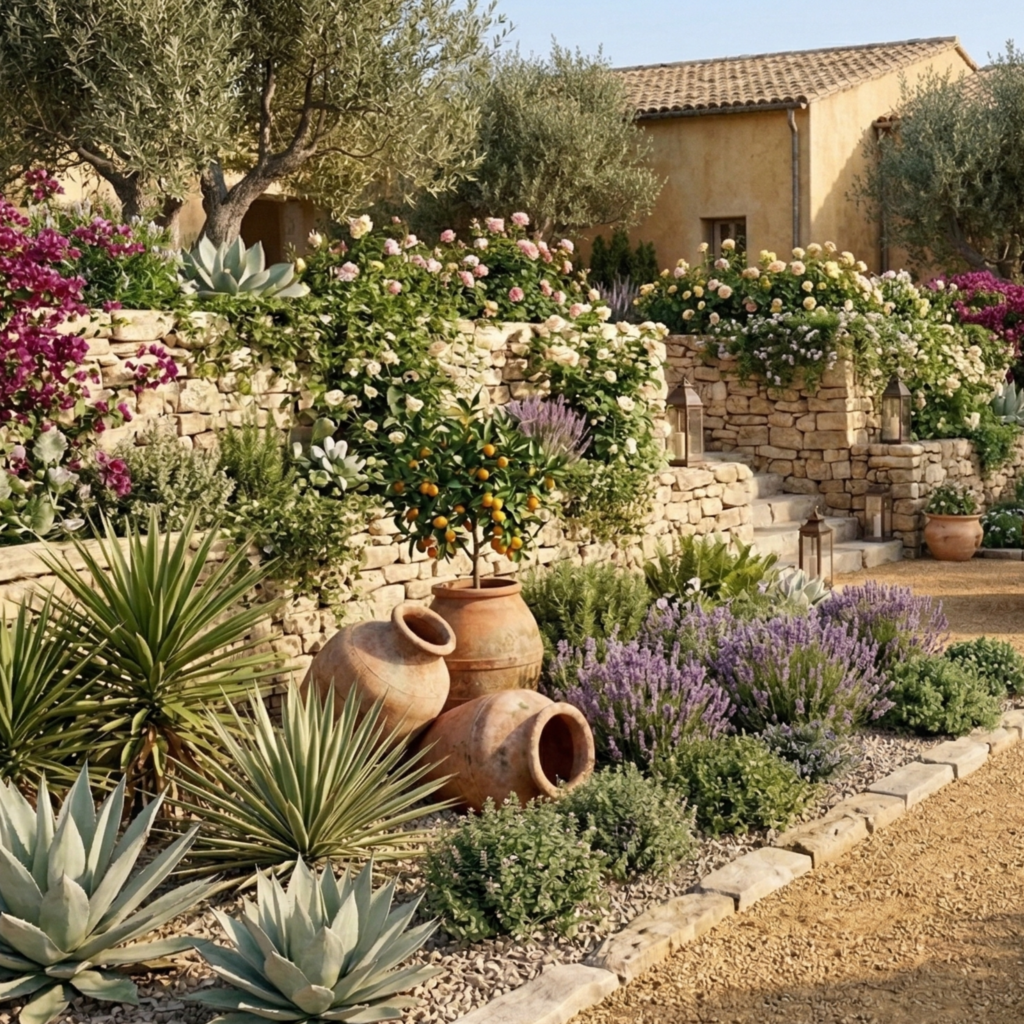 Mediterranean - Herbs, gravel paths, terra cotta accents